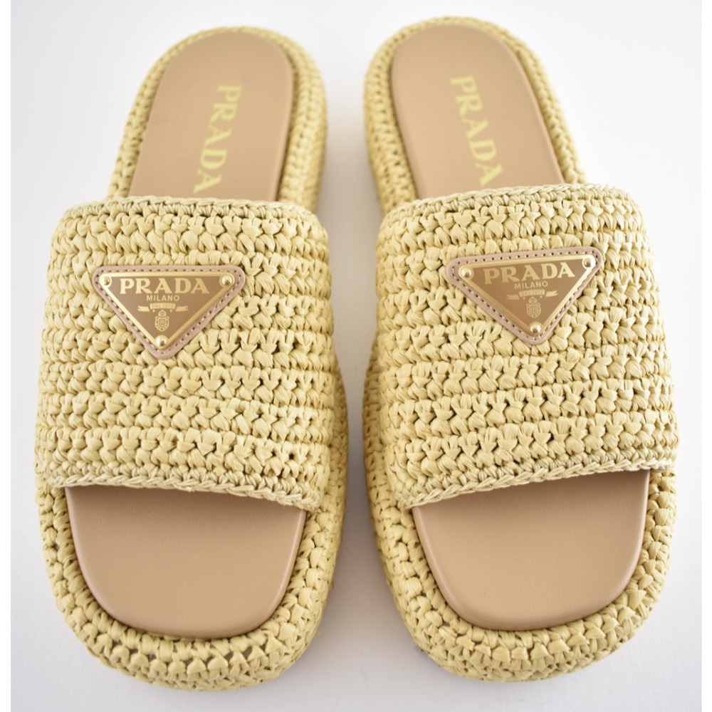 Prada Crochet Raffia Platform Slide Natural Beige Logo Mule Wedge Sandal 40 - Picture 10 of 16